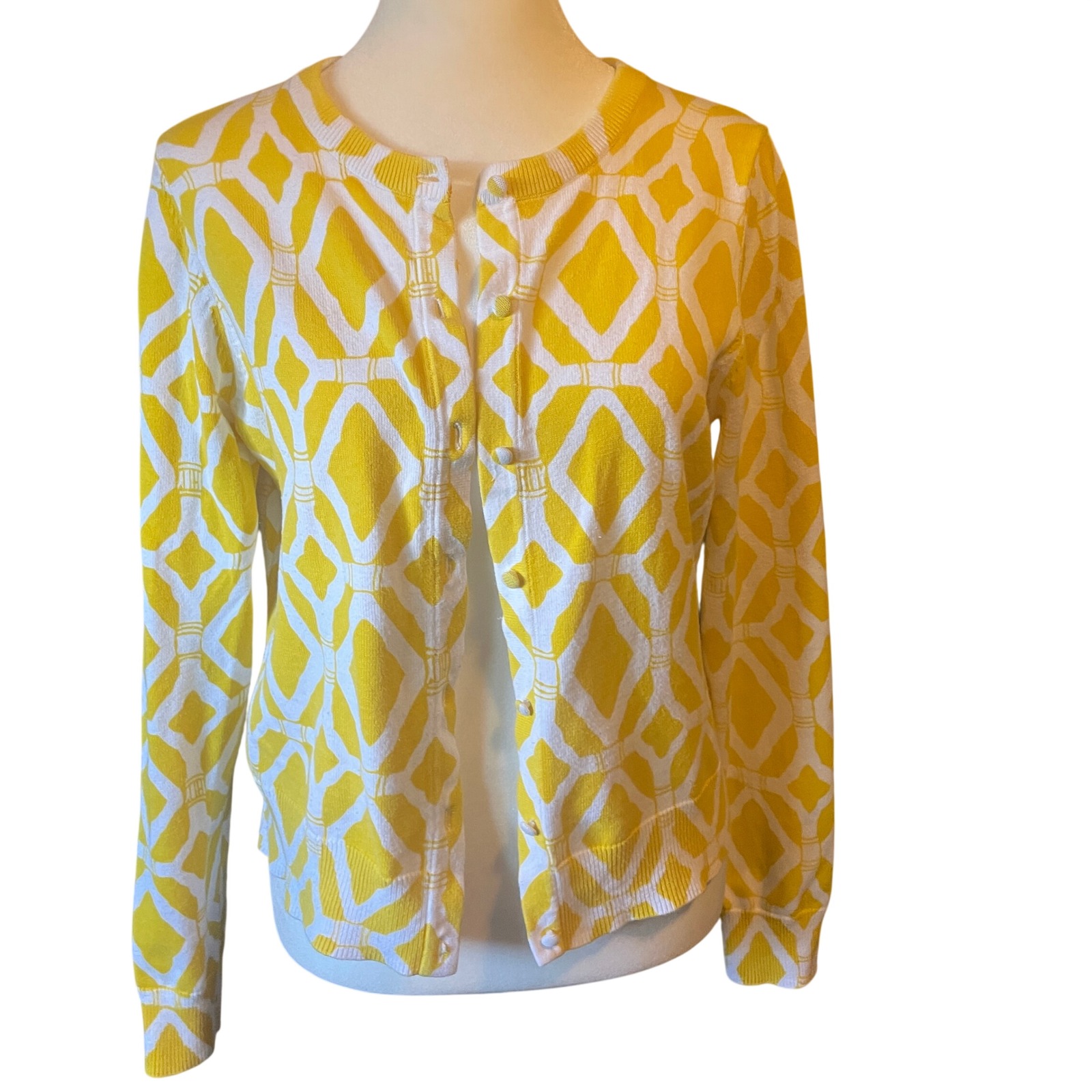 Lilly Pulitzer Womens Geometric Trellis Cotton Cardigan M Yellow Preppy Coastal